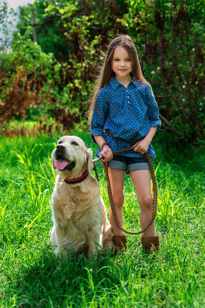Маленькая девочка играет со своей большой собакой на открытом воздухе в сельской местности в
  - Фото, изображение