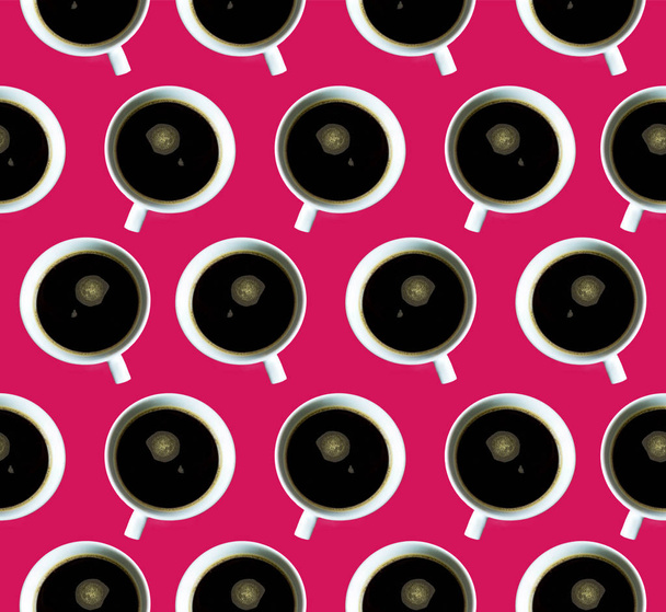 Seamless pattern with a cup of coffee on a pink background. Creative background for banner, website, advertisements, business cards and special offers. Coffee lovers, wholesome breakfasts, lunch break - Photo, image