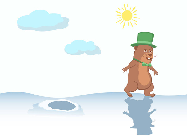 Marmota con sombrero y pajarita caminan sobre las ventiscas
. - Vector, Imagen