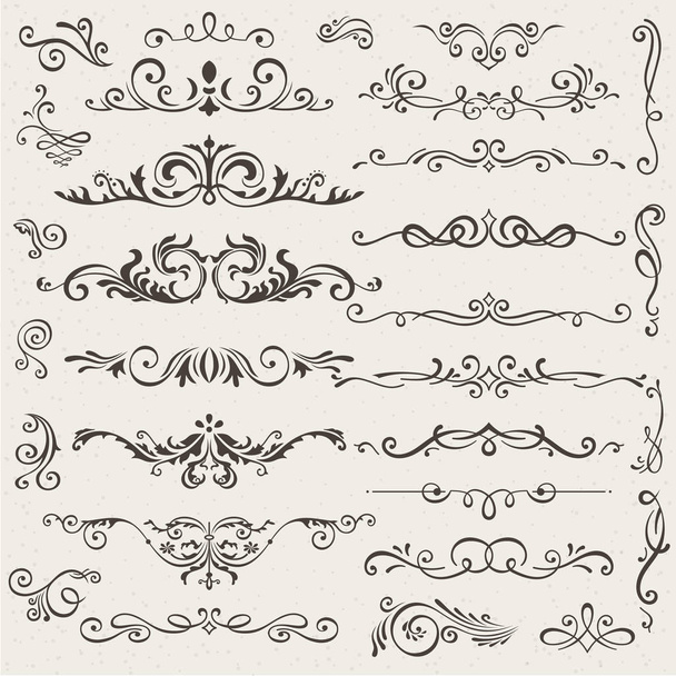 Vector set of calligraphic design elements and page decorations. Elegant collection of hand drawn swirls and curls for your design. Isolated on beige background - Vector, afbeelding