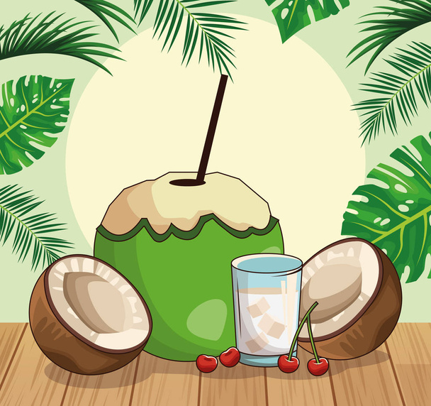 kookos ja kookospähkinät viipaleet ja cocktail yli trooppisia lehtiä ja retro tyyli tausta
 - Vektori, kuva