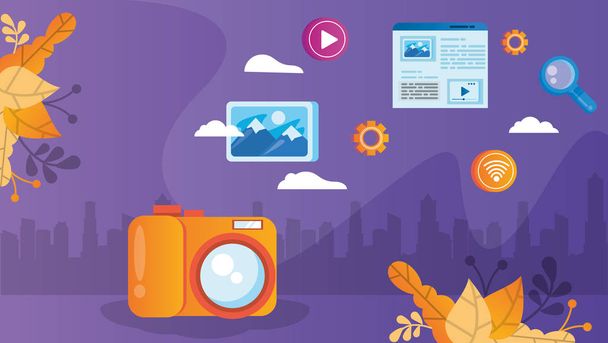 cámara fotográfica con iconos de marketing en redes sociales
 - Vector, Imagen