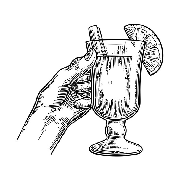 Female hand holding glass mulled wine. Vintage vector engraving - Vektor, Bild