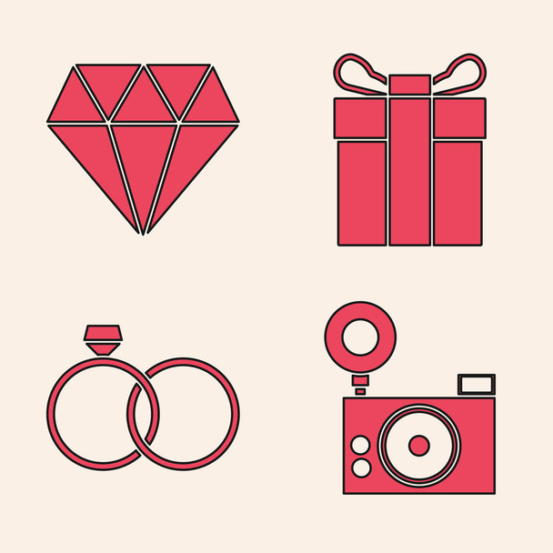 Set Photo camera, Diamond, dárkové krabice a svatební prsteny ikonu. Vektor - Vektor, obrázek