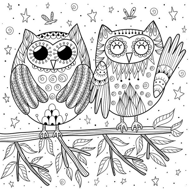 Couple of funny owls sitting on the branch coloring page - Vektor, Bild