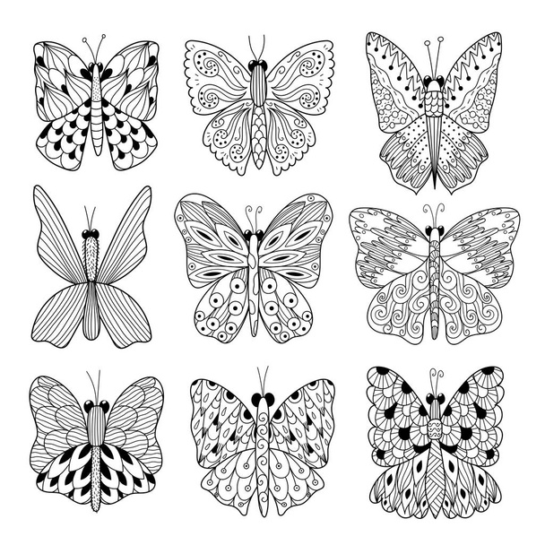 Kolekcja czarno-białych motyli. Kolorowanki - Wektor, obraz