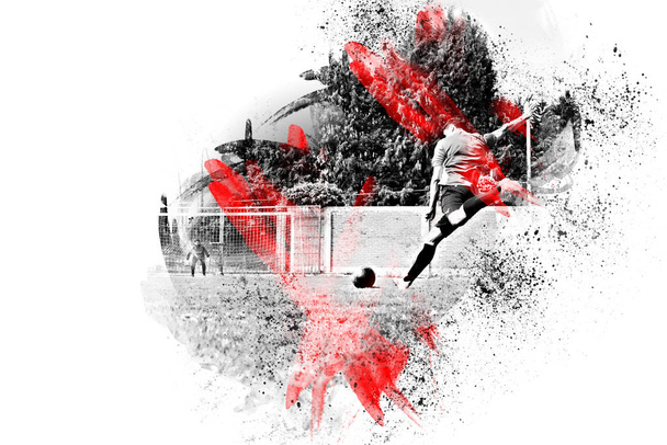 Voetbalspeler schoppen bal, abstract silhouet van zwart-wit verf vlekken met rode tinten - Foto, afbeelding