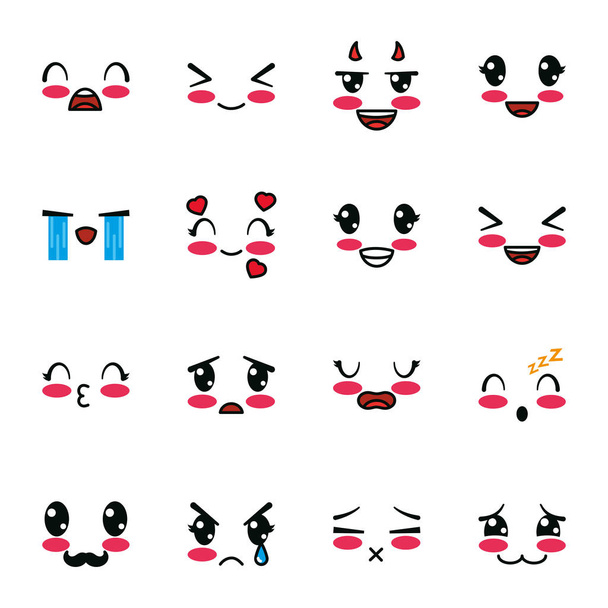 Geïsoleerde kawaii cartoon gezicht pictogram set vector ontwerp - Vector, afbeelding