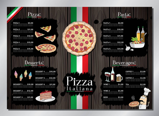 Vorlage für Pizzakarten - Tischkarte (Pizza, Pasta, Desserts, Getränke) - Format A3 (420x297 mm)) - Vektor, Bild