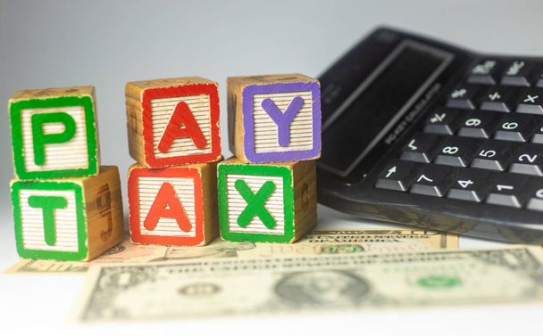 Steuern zahlen - amerikanische Dollar - individuelles Steuerkonzept mit Spielzeugalp - Foto, Bild