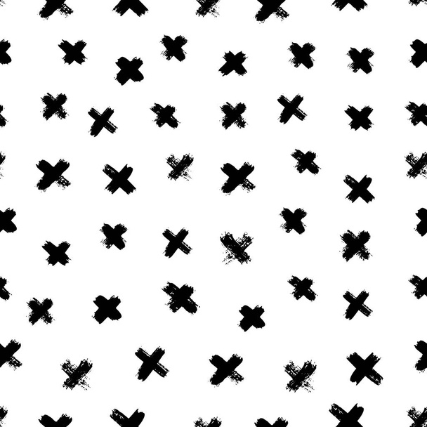 Plus tekenen en kruist naadloos patroon van penseelstreken. Vector monochrome grunge textuur van X. - Vector, afbeelding
