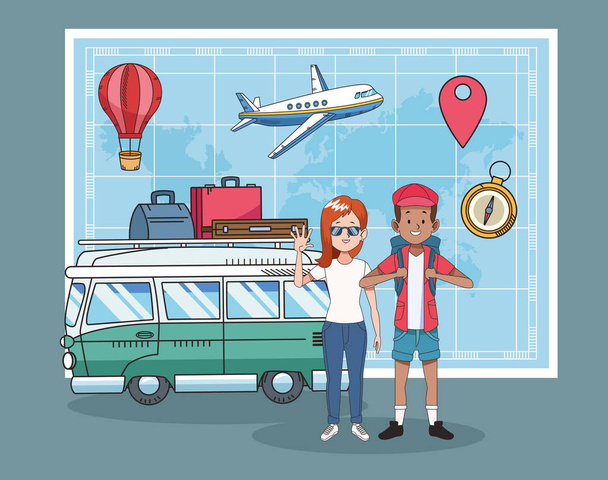tourist couple with paper map and van - Vector, Image