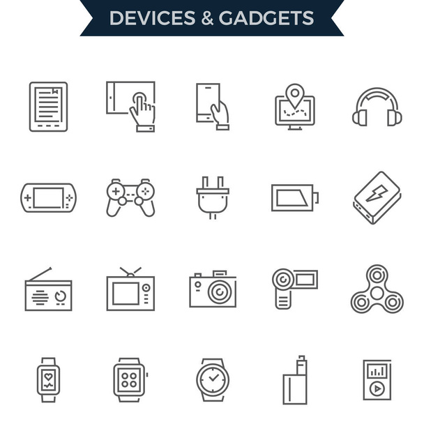 einfache Reihe von Geräten und Gadgets im Zusammenhang mit Vektorzeilensymbolen. enthält Symbole wie Kopfhörer, Smartphones, GPS-Tracker, Powerbanks, Batterien, Radios, Fotokameras, Camcorder und mehr - Vektor, Bild