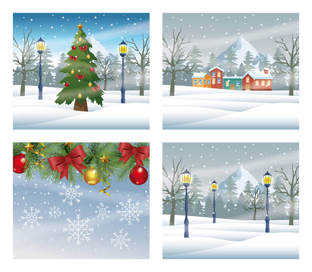 Frohe Weihnachten Karten mit Schneelandschaften Szenen - Vektor, Bild