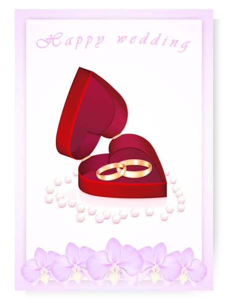 İnci ve orkidelerle dolu bir kalp kutusunda evlilik yüzükleri. - Vektör, Görsel