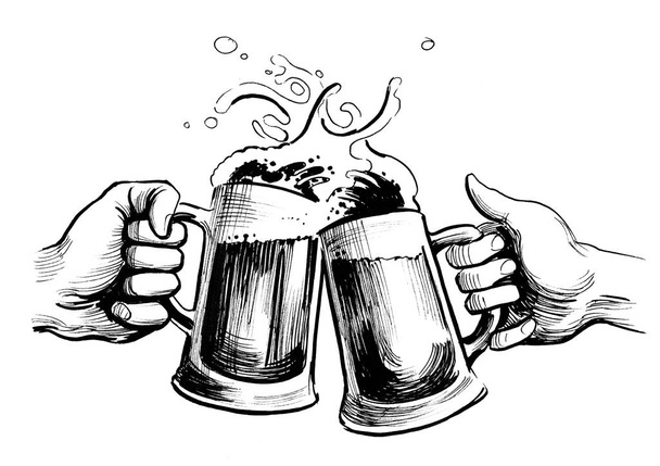 Bira bardaklarıyla el ele. Mürekkep siyah beyaz çizim - Fotoğraf, Görsel