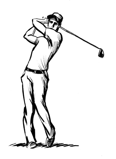 Swinging golfer. Ink black and white drawing - Photo, Image