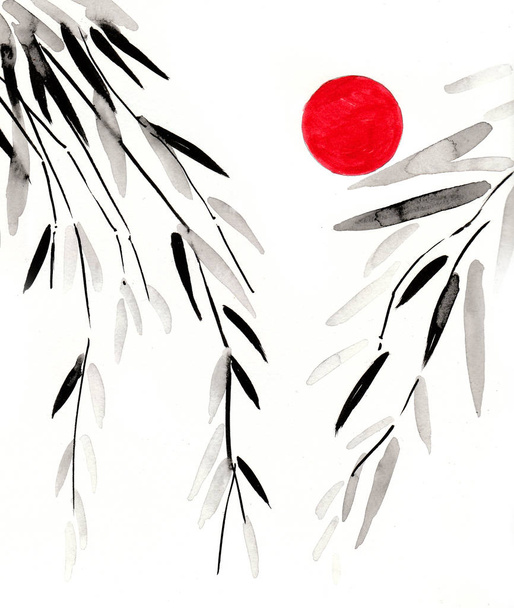 Red sun and tree branches. Ink and watercolor drawing - Foto, Imagem