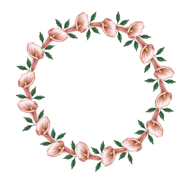 Hand drawn flowers set. Beautiful wreath. Elegant floral collection with isolated green leaves and beige anthurium, hand drawn watercolor. Design for invitation, wedding or greeting cards. - Photo, Image