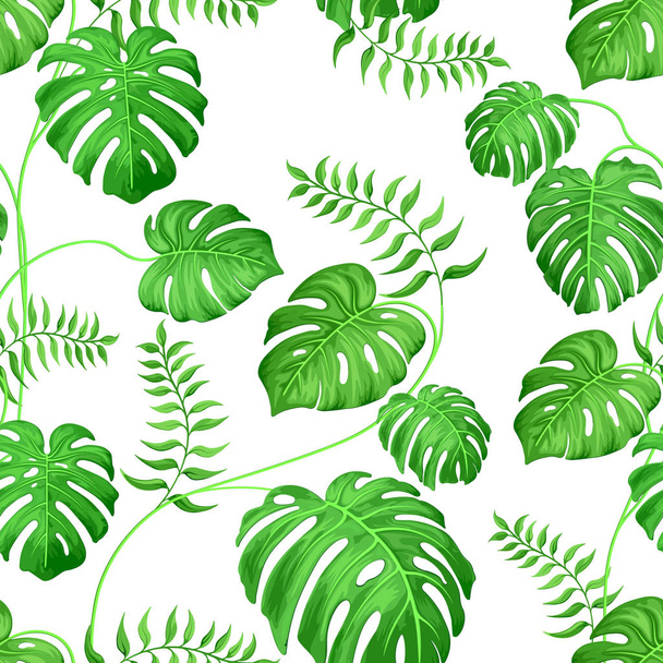 Seamless background with monster leaves and palm tropical plants. Exotic monster leaves on white. - Vektor, obrázek