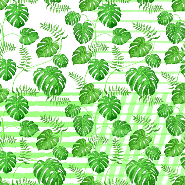 Seamless pattern with tropical monstera leaves on white background with stripes. Vector illustration - Vecteur, image