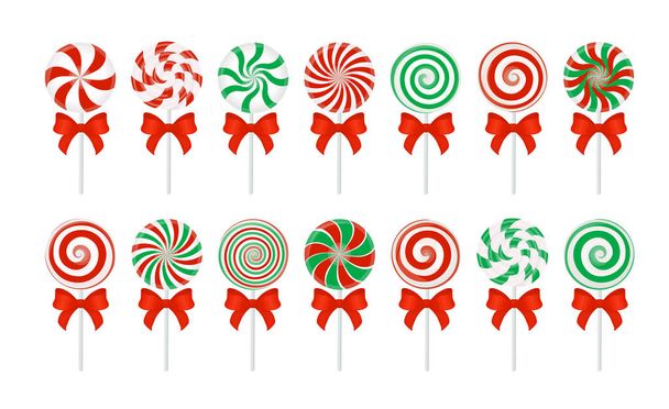 Vector candy canes with a red bow. Large set of red and green candy without wrapper on white. - Vector, Image