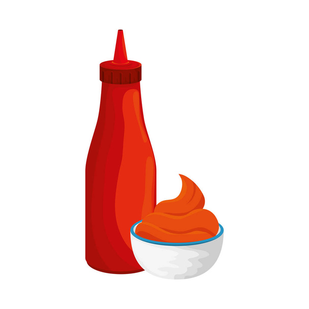 heerlijke sauzen in fles en beker geïsoleerde pictogrammen - Vector, afbeelding