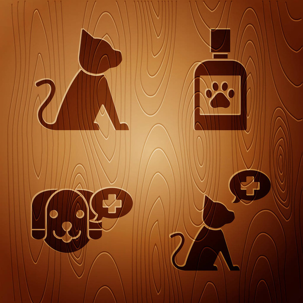 Ustaw symbol kliniki weterynaryjnej, Kot, symbol kliniki weterynaryjnej i butelki z lekami dla psów na drewnianym tle. Wektor - Wektor, obraz