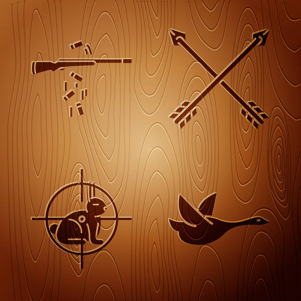 Set fliegende Ente, Gewehrschießen, Jagd auf Kaninchen mit Fadenkreuz und gekreuzten Pfeilen auf Holzgrund. Vektor - Vektor, Bild