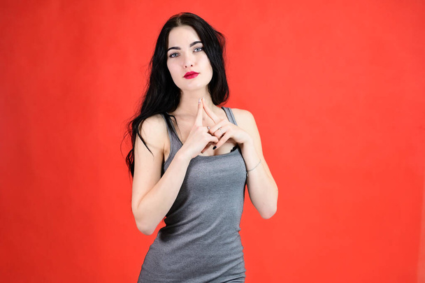 The concept of a beautiful female portrait with emotions. Portrait of a brunette girl with a smile with long hair with excellent makeup in a gray dress on a red background in different poses. - Fotoğraf, Görsel