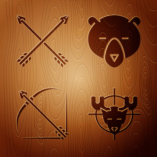 Set Hunt en alce con cruces, flechas cruzadas, arco y flecha en carcaj y cabeza de oso sobre fondo de madera. Vector
 - Vector, imagen
