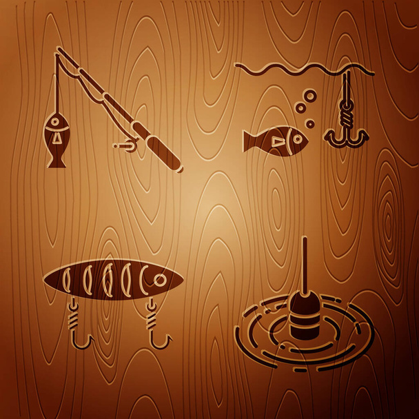 Set Vissen drijven in het water, hengel en vis, Vissen lokken en Vishaak onder water met vis op houten achtergrond. Vector - Vector, afbeelding