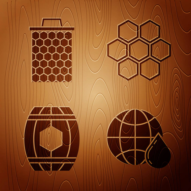 Set Wabenkarte der Welt, Wabe, Holzfass mit Honig und Wabe auf Holzgrund. Vektor - Vektor, Bild