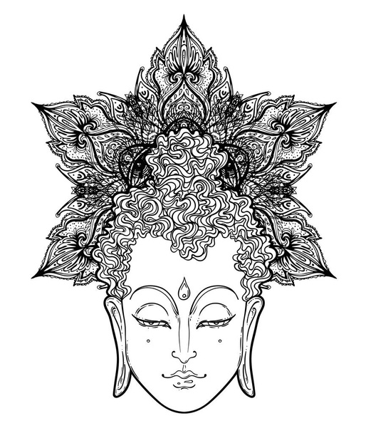 Buddha face over ornate mandala round pattern. Esoteric vintage vector illustration. Indian, Buddhism, spiritual art. Hippie tattoo, spirituality, Thai god, yoga zen - Vector, Image