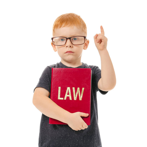 Cute little boy with law book and raised index finger on white background - Foto, Imagem