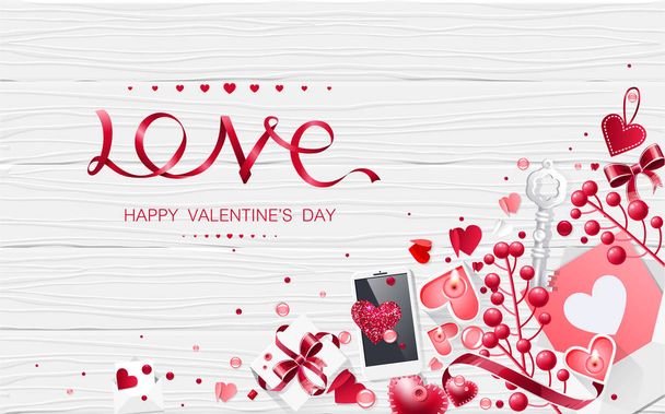 バレンタインデーの愛カップのコーヒーレタリングウェブパンフレットチラシの広告販売パーティーデザイン要素木製の背景 - ベクター画像