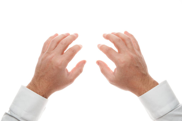 Άνθρωπος χέρια χειρονομία απομονώνονται σε λευκό φόντο. Λευκό πουκάμισο, επιχειρηματικό στυλ. - Φωτογραφία, εικόνα