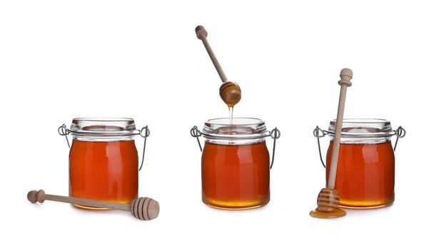 Set of organic delicious honey on white background - Zdjęcie, obraz