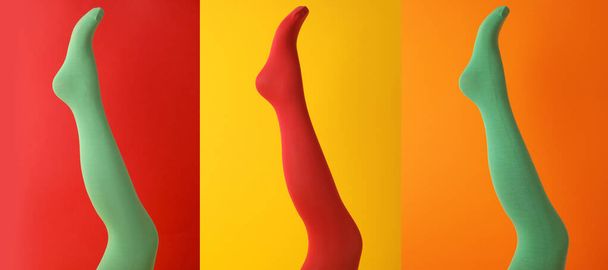 Collage of women wearing different bright tights on color backgrounds, closeup - Photo, image