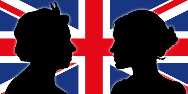 Meghan contro Elisabetta II, ritratti di silhouette sulla bandiera britannica, illustrazione vettoriale
 - Vettoriali, immagini
