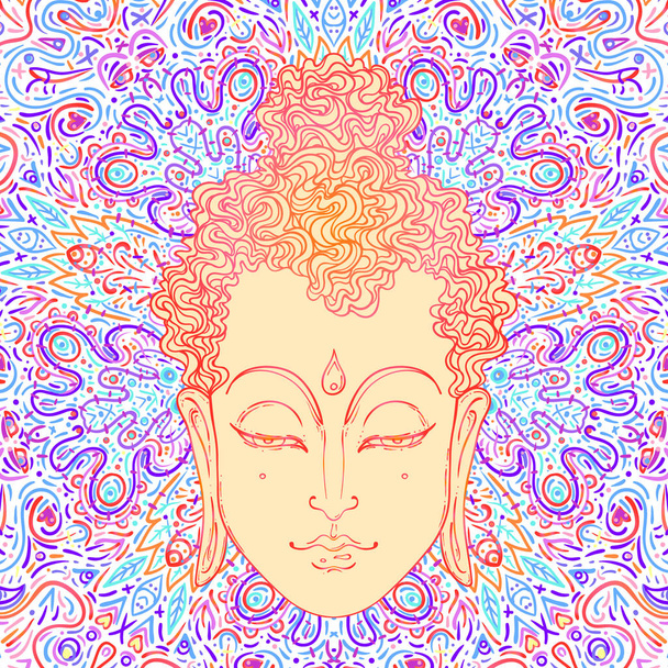 Buddha-Gesicht über kunstvollem Mandala-Muster. Esoterische Vintage-Vektorillustration. Indisch, Buddhismus, spirituelle Kunst. Hippie-Tätowierung, Spiritualität, Thai-Gott, Yoga-Zen - Vektor, Bild