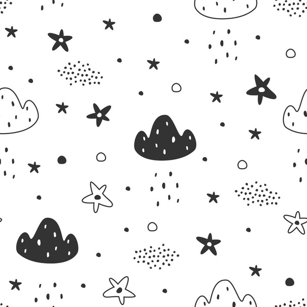 Vector kids pattern with stars, dots and clouds. Vector seamless background, black and white, scandinavian style. - Вектор,изображение
