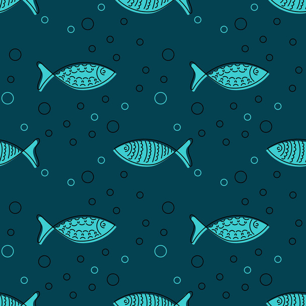 Seamless pattern with hand drawn fishes, doodle style. Silhouettes and contours, vector - Wektor, obraz