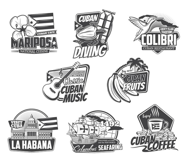 Cuba icons, Havana travel, culture and food - Vector, Image