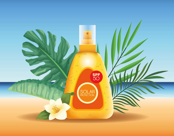 Solar protection bottles product for summer advertising - Vetor, Imagem