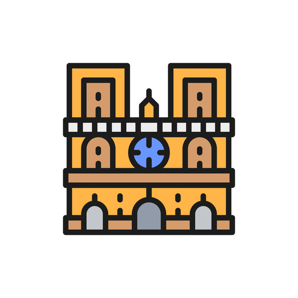 Katedrála Notre Dame, orientační bod Paříže, Francie ikona ploché barevné linie. - Vektor, obrázek
