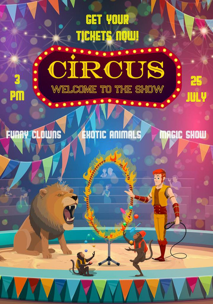Grand spectacle de cirque, dompteur d'animaux et jongleurs
 - Vecteur, image