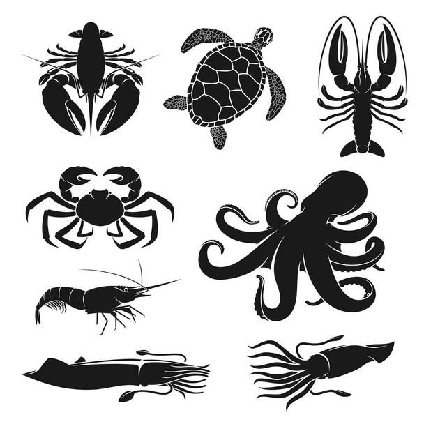 Zeevruchten, octopussen, schildpadden, garnalen en schaaldieren - Vector, afbeelding
