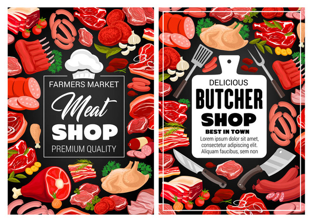 Butcher shop meat and sausages, butchery food - Vector, Image