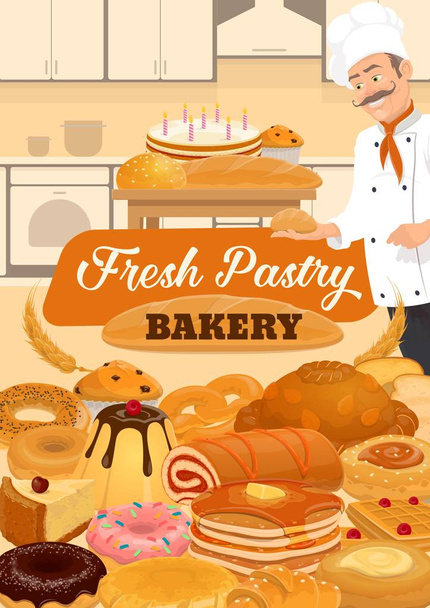 Pastelaria doces, pão, bolos de sobremesa padeiro
 - Vetor, Imagem